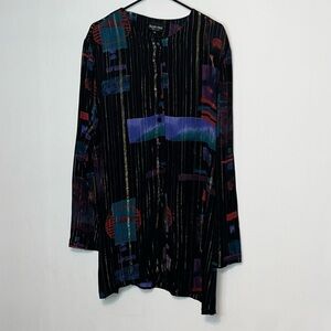 Vtg. Ellen Figg Blouse Tunic Womens Size 16 Geometric Button Metallic Striped
